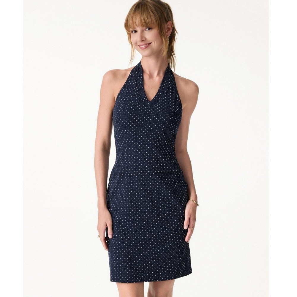 OGL Move Navy Polka Dot Halter Mini Dress Built-in Bra Soft Stretch Cotton Small